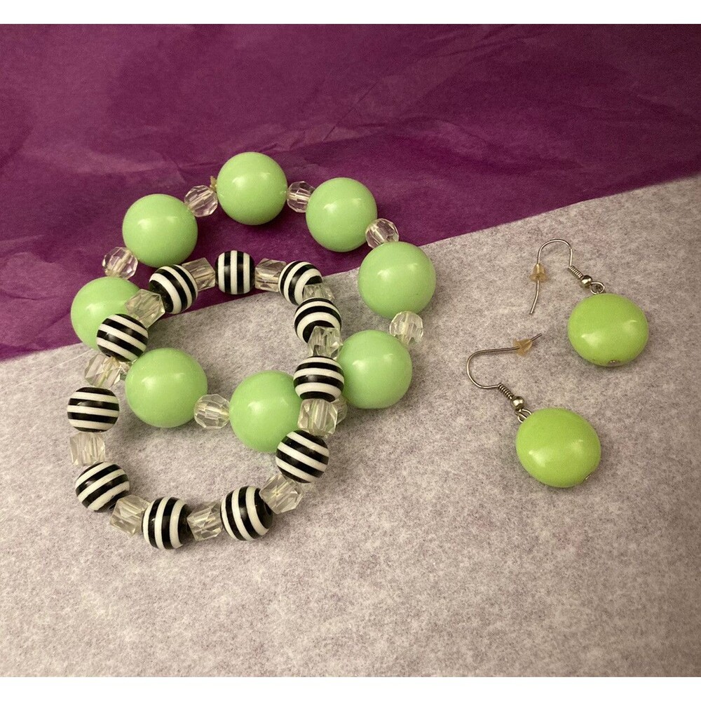 Vintage 80s Lime Green Jewelry Set Bracelet Earrings Neon WOMENS Gift JUNIORS